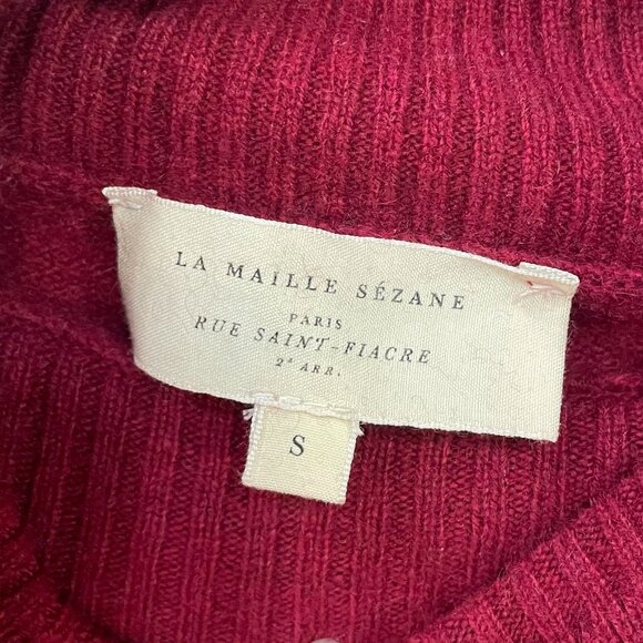 EUC Sezane Brianna Cashmere Ruffle Neck Sweater Raspberry Red Small - Picture 5 of 7